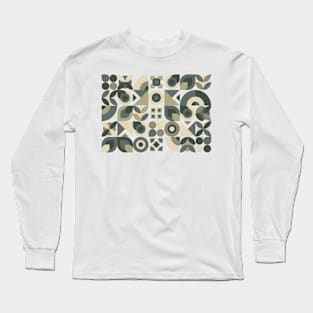 Abstract Geometric Pattern in Greys and Green Long Sleeve T-Shirt